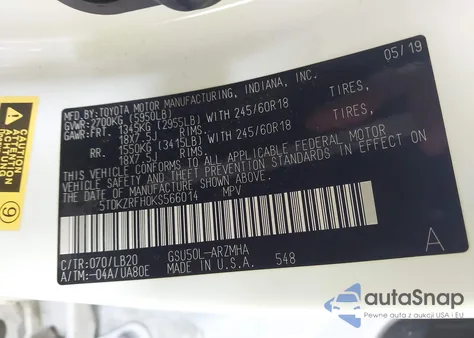 2019 Toyota Highlander Xle z USA, uszkodzony, nr VIN 5TDKZRFH0KS566014